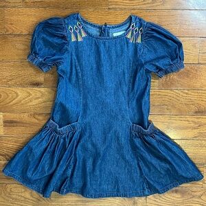 Peek Embroidered Chambray Dress Girls Size 4/5 Puff Sleeve Tassel Accent